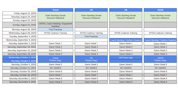 Fall 2024 Season Dates